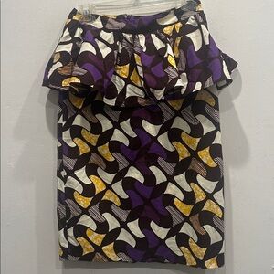 Demestiks by Reuben Reuel peplum pencil skirt purple brown size 2 African print